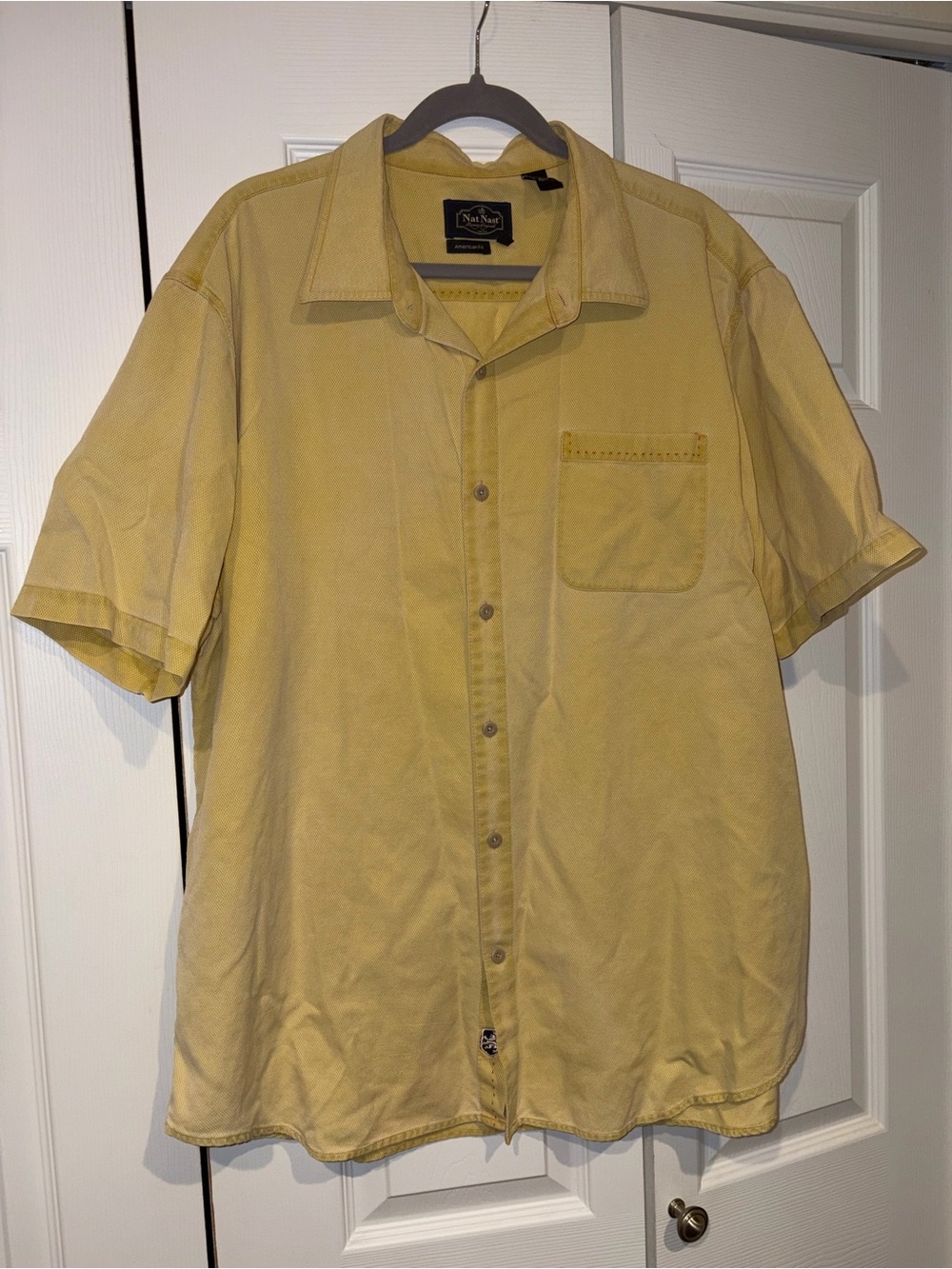 Nat Nast Silk & Cotton Short Sleeve Button-Up Shirt in Mustard Yellow